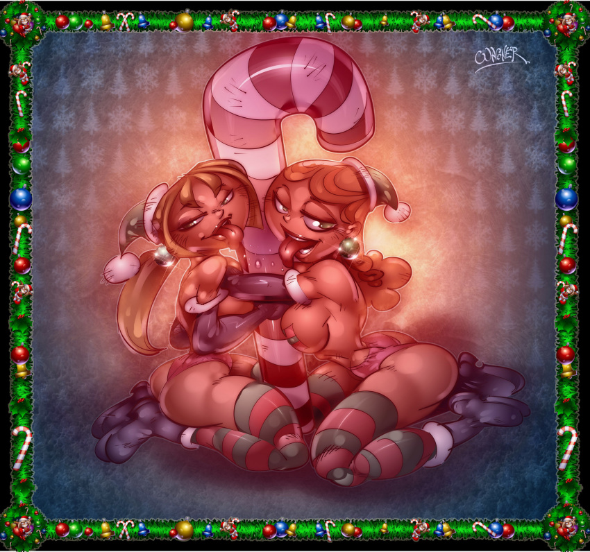 big_breasts blonde_hair breasts bridgette_(tdi) candy cartoon_network christmas curly_hair green_eyes hourglass_figure izzy_(tdi) lick licking light-skinned_female long_blonde_hair long_hair navel orange_hair surfer_girl thick_ass thick_legs thick_thighs total_drama_island wagner wasp_waist