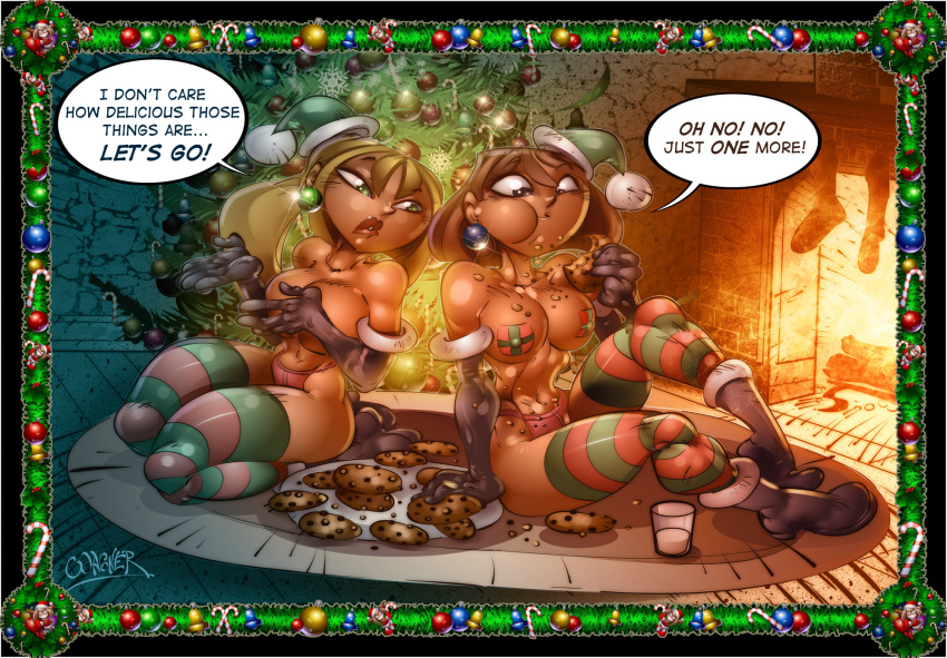 big_breasts blonde_hair bridgette_(tdi) brown_hair brown_skin cartoon_network christmas christmas_outfit courtney_(tdi) dark-skinned_female green_eyes hourglass_figure light-skinned_female long_blonde_hair long_hair pasties surfer_girl text thick_ass thick_legs thick_thighs total_drama_island wagner wasp_waist