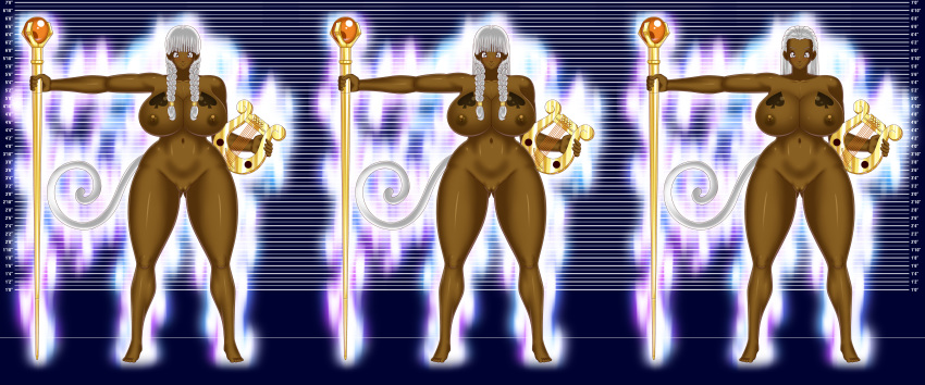 areolae ass big_ass big_breasts bluebullpen breasts brown_skin cleavage female harp lyre nipples nude original original_character pussy silver_eyes silver_hair staff tail weapon xirina xirinica xironica
