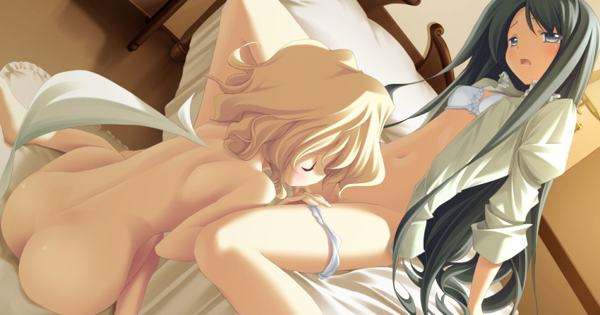 2girls angelina_rocca ass back bed bell belle_(katahane) blue_eyes blush bra censored christina_dorn couple cunnilingus dutch_angle flat_chest fue_(tsuzuku) game_cg head_tilt jpeg_artifacts katahane lingerie long_hair multiple_girls navel nude open_clothes open_mouth open_shirt oral panties panties_around_leg panties_around_one_leg panty_pull pointless_censoring pussy pussylicking shirt short_hair sitting sleeves_rolled_up underwear very_long_hair white_panties yuri