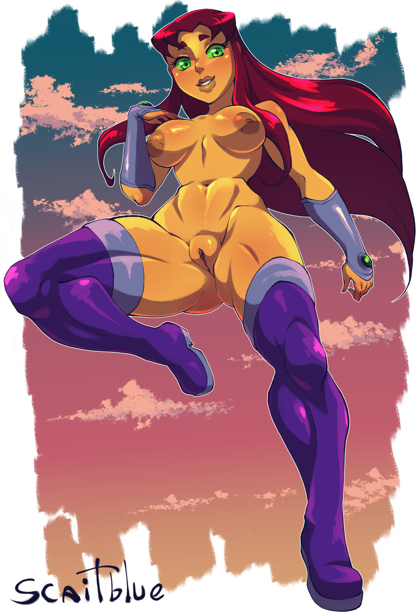 1girl alien alien_girl breasts dc_comics erection female female_alien female_only green_eyes hairless_pussy long_hair looking_at_viewer naked_stockings no_bra no_panties scaitblue starfire stockings tagme teen_titans