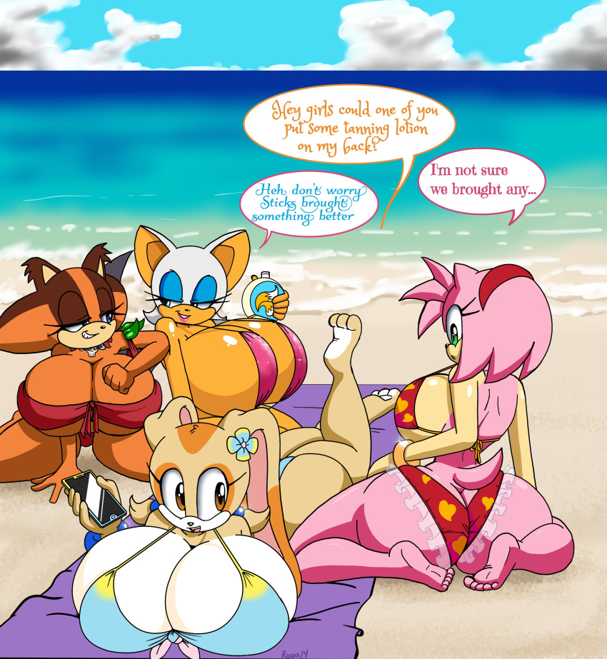 aged_up amy_rose anthro anthro_on_anthro ass ass_cleavage badger bat_humanoid bat_wings beach big_ass big_breasts bikini blue_eyes blush bracelets breasts brown_body brown_fur bubble_ass bubble_butt butt_crack chiropteran chiropteran_humanoid cleavage closed_eyes cream_the_rabbit dialogue erinaceinae erinaceinae_humanoid eulipotyphlan eyelashes eyeshadow fat_ass fat_butt female/female female_only females gigantic_breasts green_eyes hedgehog hedgehog_humanoid high_res huge_ass huge_breasts lagomorph lagomorph_humanoid large_ass large_butt leather_wings long_hair lotion mammal multiple_females multiple_girls mustelid mustelid_humanoid musteline musteline_humanoid pink_body pink_hair pink_spines roga14 rouge_the_bat seaside seductive sega sexy sexy_ass sexy_body sexy_breasts short_hair skull_necklace sling_bikini slingshot_swimsuit sonic_*(series) sonic_boom sonic_the_hedgehog_(series) sticks_the_jungle_badger sticks_the_tejon swimsuit swimwear tan_body tan_fur thick_ass thick_thighs top_heavy two_tone_fur white_body white_fur wide_hips