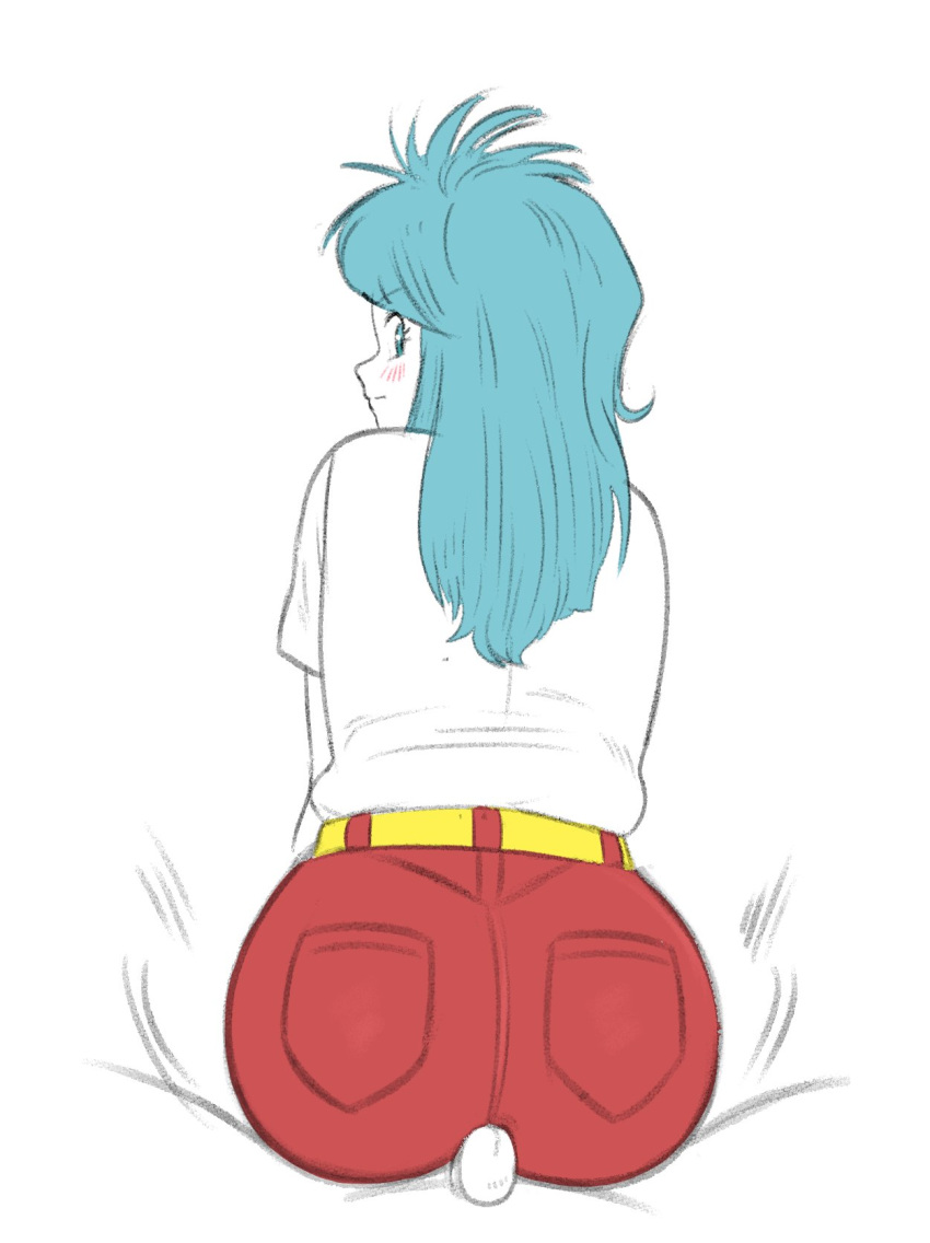 1boy 1girl ass big_ass blue_eyes blush bubble_butt bulma bulma_brief bulma_briefs buttholemagick buttjob dragon_ball dragon_ball_z huge_ass large_ass long_hair looking_at_viewer looking_back male/female penis reverse_cowgirl_position round_ass sitting sitting_on_person tease tight_clothing tight_pants