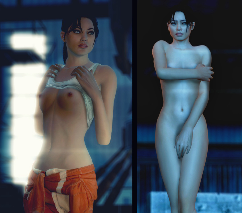 1girl black_hair blue_eyes breasts chell comparison erect_nipples fugtrup gmod navel nipples nude orange_clothes orange_pants portal_(series) portal_2 shirt_lift small_breasts solo undressing white_clothes white_shirt