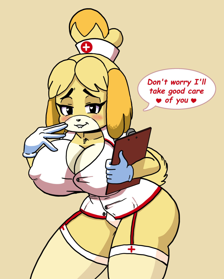 1girl 1girl 1girl animal_crossing anthro breasts cleavage dialogue dog erect_nipples erection_under_clothes female_only furry huge_breasts isabelle_(animal_crossing) nintendo nipple_bulge nurse_uniform roga14 solo_female speech_bubble text
