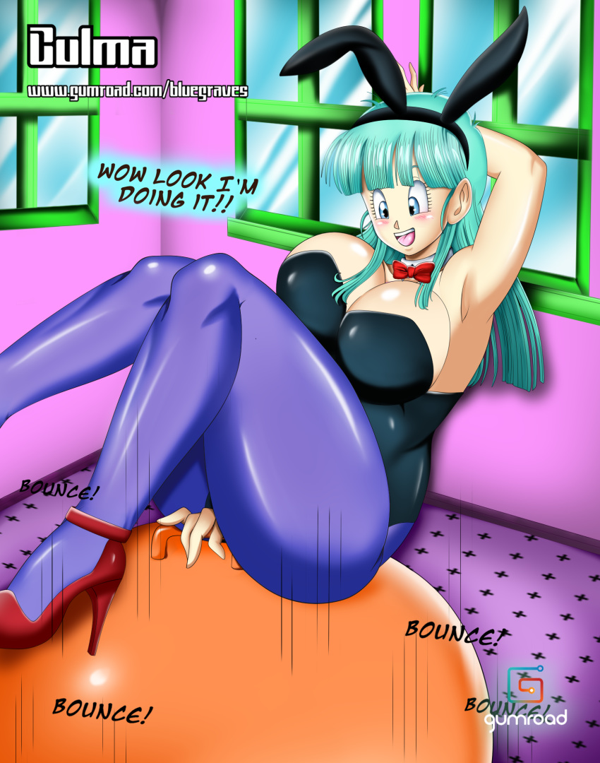 1girl arm_behind_head armpit big_breasts blue_eyes blue_hair bluegraves breasts bulma_brief bulma_briefs bunny_bulma bunny_ears bunny_girl bunnysuit clothed dragon_ball dragon_ball_z green_hair high_heels leggings looking_at_viewer open_mouth smile thick_thighs wide_hips