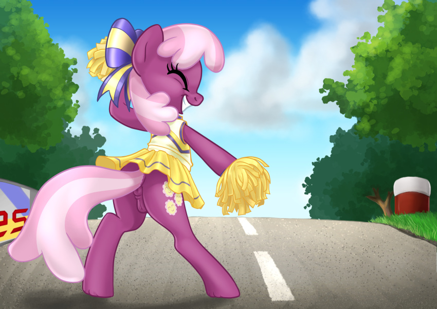 1girl anus ass cheerilee cheerilee_(mlp) cheerleader_outfit closed_eyes clothed cutie_mark earth_pony female female_only friendship_is_magic my_little_pony no_panties no_panties_under_skirt outdoor outside pom_poms pony pussy skirt solo standing tail upskirt