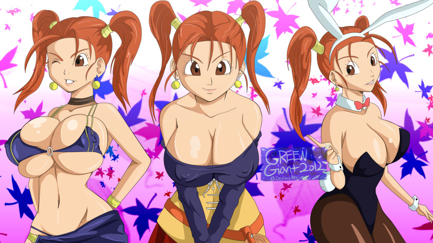 big_breasts breasts brown_eyes bunnysuit cleavage dragon_quest dragon_quest_viii greengiant2012 jessica_albert red_hair solo swimsuit wink