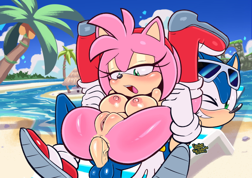 1boy 1girl 2022 alternate_version_available amy_rose anal_penetration beach blush breasts female_focus green_eyes half-closed_eyes male/female mostly_nude open_mouth outdoor_sex penis_in_ass pussy sega sonic_the_hedgehog sonic_the_hedgehog_(series) sunglasses sunglasses_on_head uhmsprs ultrahyper