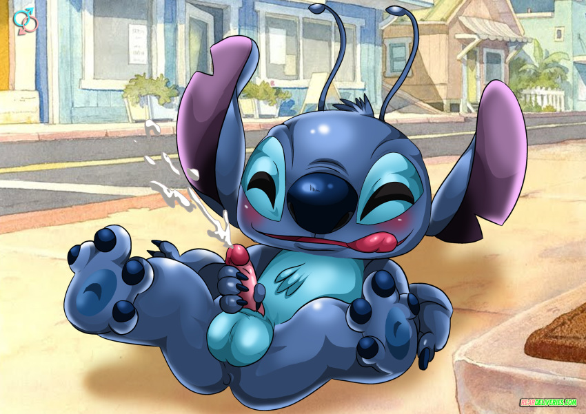 1boy alien bbmbbf blush cum disney ejaculation lilo_and_stitch masturbation palcomix penis rear_deliveries spread_legs stitch testicles tongue tongue_out yaoi
