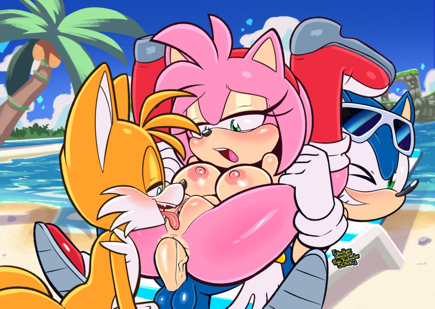 1girl 2022 2boys amy_rose anal_penetration beach blue_eyes blush breasts female_focus green_eyes half-closed_eyes licking_pussy male/female miles_"tails"_prower mostly_nude open_mouth outdoor_sex penis_in_ass pussy sega sonic_the_hedgehog sonic_the_hedgehog_(series) sunglasses sunglasses_on_head threesome tongue_out uhmsprs ultrahyper