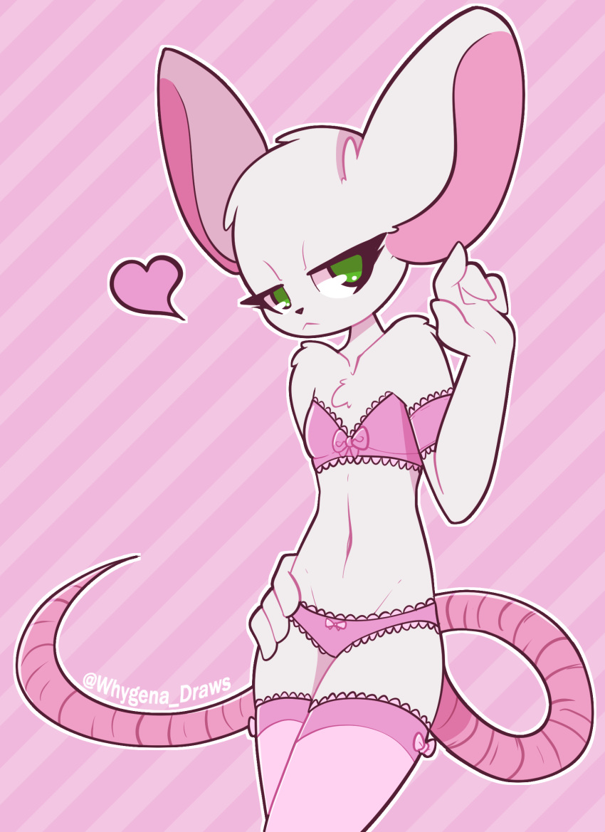 &lt;3 1boy anthro bra clothed clothing crossdressing flat_chested fur furry girly green_eyes legwear lingerie mammal mouse panties pink_theme reggie_(whygena) rodent simple_background stockings underwear white_fur whygena yaoi
