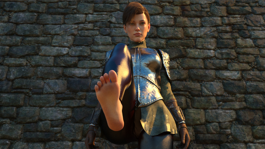 1girl 3d feet female_focus female_only foot_fetish looking_at_viewer low-angle_view medieval pov short_hair spodvohomg submissive submissive_pov