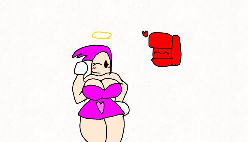 big_breasts five_nights_at_hiper's flushed fnf_icons grin halo hiper-3_(fnah1) hiper-3_(oc) maximiliano_(oc) pink_clothing pink_dress smiling_at_viewer sonic_cosplay valentine's_day valentine_hiper-(fnah) white_background white_gloves wholesome