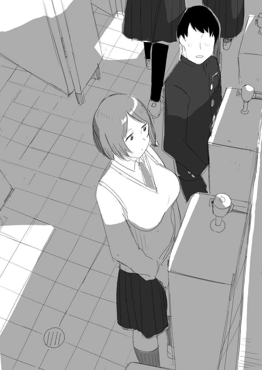 1boy 3_girls archashiura bathroom implied_futanari monochrome school_uniform sketch urinal