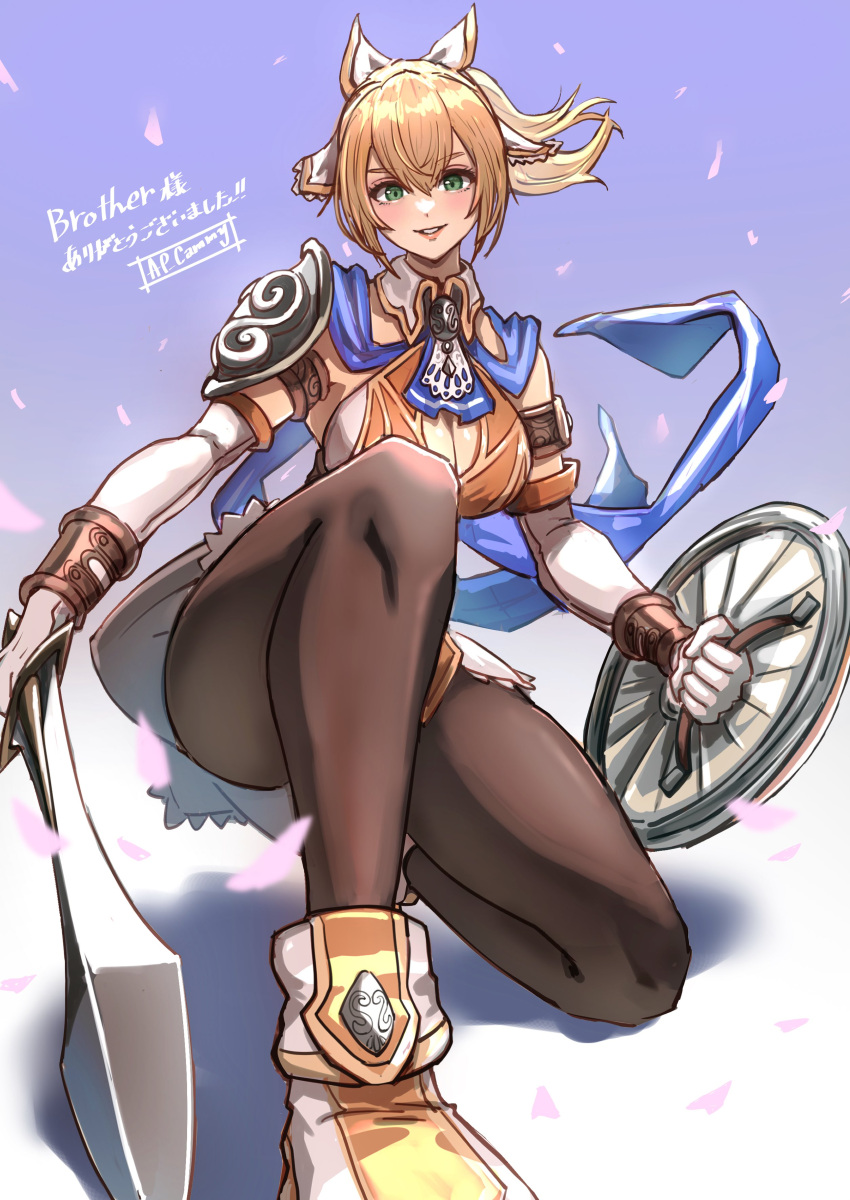 1girl 1girl absurd_res ailf alluring ap_cammy big_breasts blonde_hair blue_scarf brown_pantyhose cassandra_alexandra cleavage convenient_leg elbow_gloves gloves green_eyes hair_ribbon high_res kneel pantyhose ponytail project_soul ribbon scarf shield shoes short_sword shoulder_pads silf soul_calibur soul_calibur_ii soul_calibur_iii soul_calibur_vi sword weapon white_gloves wristband