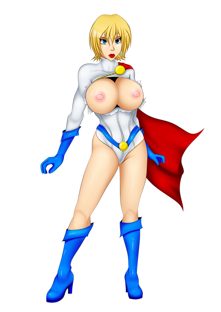 alborlen big_nipples blonde_hair blue_eyes boob_window breasts breasts_out_of_clothes dc_comics high_heeled_boots huge_breasts justice_society_of_america nipples power_girl short_hair torn_clothing white_background