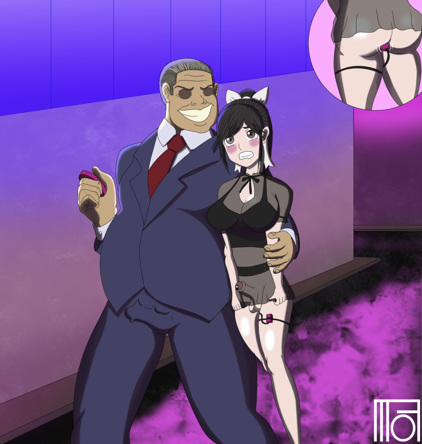 1boy 1futa asian asian_futanari blush bow brothel brown_eyes brown_hair buttplug city city_background commission commission_art commissions_open dark_hair embarrassed light_skin lingerie love_plus manaka_takane moffoffo moffoffo_(artist) night old_man older older_male older_man_and_teenage_girl overweight overweight_male precum precum_drip prostate_stimulation prostitute prostitution street takane_manaka transparent_clothing ugly ugly_bastard ugly_man vibrating_buttplug vibrator