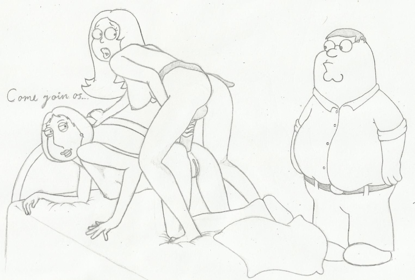 2girls american_dad anal ass big_breasts breasts crossover family_guy francine_smith kongen lois_griffin monochrome multiple_girls peter_griffin pussy strap-on