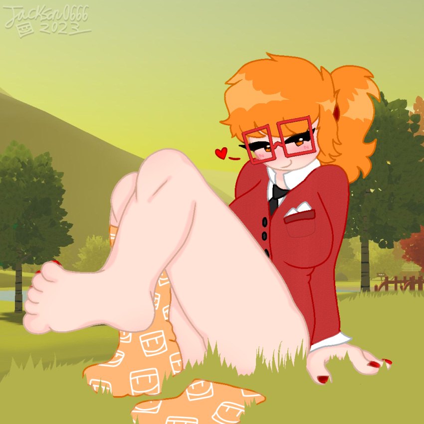 adult adult_only ass ass big_breasts booty coach_(recroom) feet feet_fetish foot_fetish footwear grass grass_field half_dressed half_naked heart high_res high_res jackson0666 no_panties no_pants one_sock orange_eyes orange_hair outside outside painted_nails painted_toenails ponytail rec_room rec_room_avatar recroom red_glasses seductive_smile simple_shading socks thick_ass thick_thighs trees vr vr_avatar wide_hips