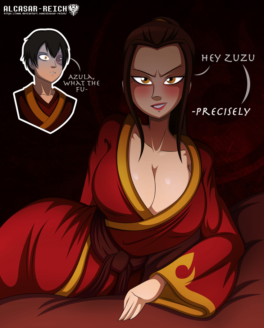 1boy 1girl alcasar-reich alcasar-reich_(artist) avatar:_the_last_airbender azula big_breasts blush breasts brother_and_sister cleavage female huge_breasts incest male smile tease text zuko