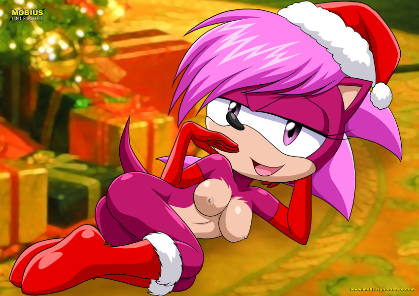 anthro anthrofied areola bbmbbf black_nose boot breasts christmas_hat elbow_gloves female fur furry gloves hair half-closed_eyes hat hedgehog high_res looking_at_viewer lying mammal mobius_unleashed nipples on_side open_mouth palcomix pink_hair purple_eyes purple_fur sega shaded solo sonia_the_hedgehog sonic_(series) sonic_the_hedgehog_(series) sonic_underground tongue