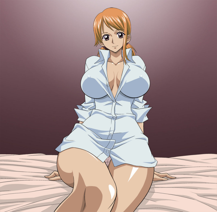 1girl bed big_breasts breasts brown_eyes cleavage curvy erect_nipples large_breasts legs looking_at_viewer nami nel-zel_formula no_pants one_piece orange_hair panties plump shirt short_hair sitting smile solo t-shirt thighs twintails underwear