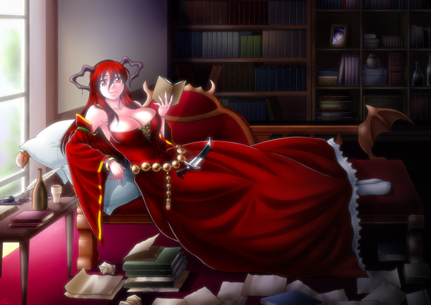 1girl bangle bare_shoulders belt bookshelf bracelet breasts buntaichou cleavage corset dagger demon_girl detached_sleeves dress fake_horns hairband high_res highres horns huge_breasts inkwell jewelry long_hair maou_(maoyuu) maoyuu_maou_yuusha messy pantyhose photo_(object) pillow quill reading recliner reclining red_dress red_eyes red_hair smile solo weapon white_legwear yuusha_(maoyuu)