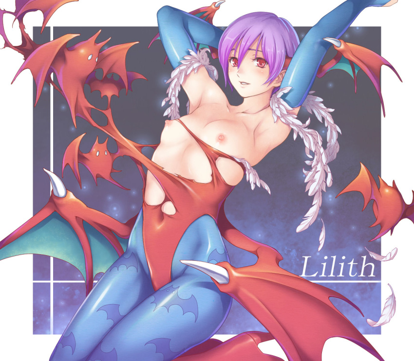1girl armpits arms_up bangs bat bat_print bat_wings blue_legwear blush boots breasts breasts_outside bridal_gauntlets character_name covered_navel demon_girl elbow_gloves feathers from_side gloves hair_between_eyes hand_behind_head head_wings high_heel_boots high_heels high_res highleg highleg_leotard highres kneeling leotard light_particles lilith_aensland looking_at_viewer low_wings nipples pantyhose print_legwear purple_hair red_eyes shiny shiny_clothes short_hair small_breasts smile solo succubus taut_clothes torn_clothes toshi vampire_(game) wings