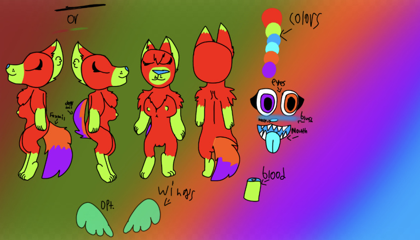1girl breasts character_sheet dog doggii fangame five_nights_at_freddy's fox green_fur orange_eyes orange_fur pointy_ears purple_eyes purple_fur pussy red_fur reference_sheet standing uncensored