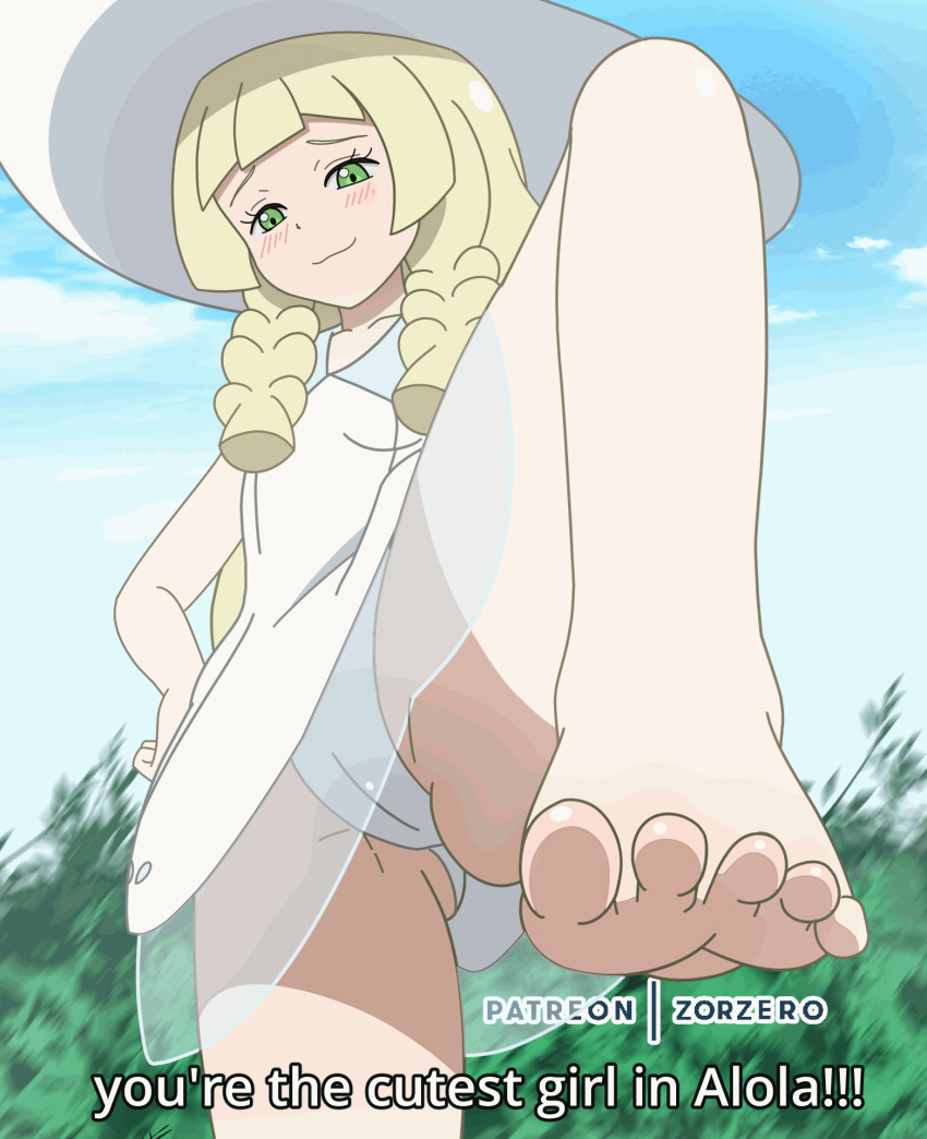 1girl barefoot blonde blonde_hair blush cameltoe clothed dress feet female female_human female_only from_below gif green_eyes hat human lillie lillie_(pokemon) looking_at_viewer outdoor outside panties pantyshot pokemon pokemon_sm soles standing standing_on_one_leg toes upskirt zorzero