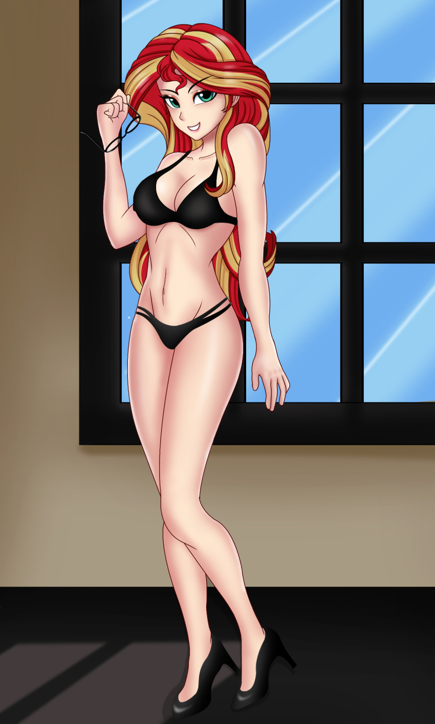 1girl black_bra black_high_heels black_panties bra breasts equestria_girls female female_only friendship_is_magic high_heels holding_glasses humanized long_hair looking_at_viewer mostly_nude my_little_pony panties solo standing sunset_shimmer sunset_shimmer_(eg) two-tone_hair