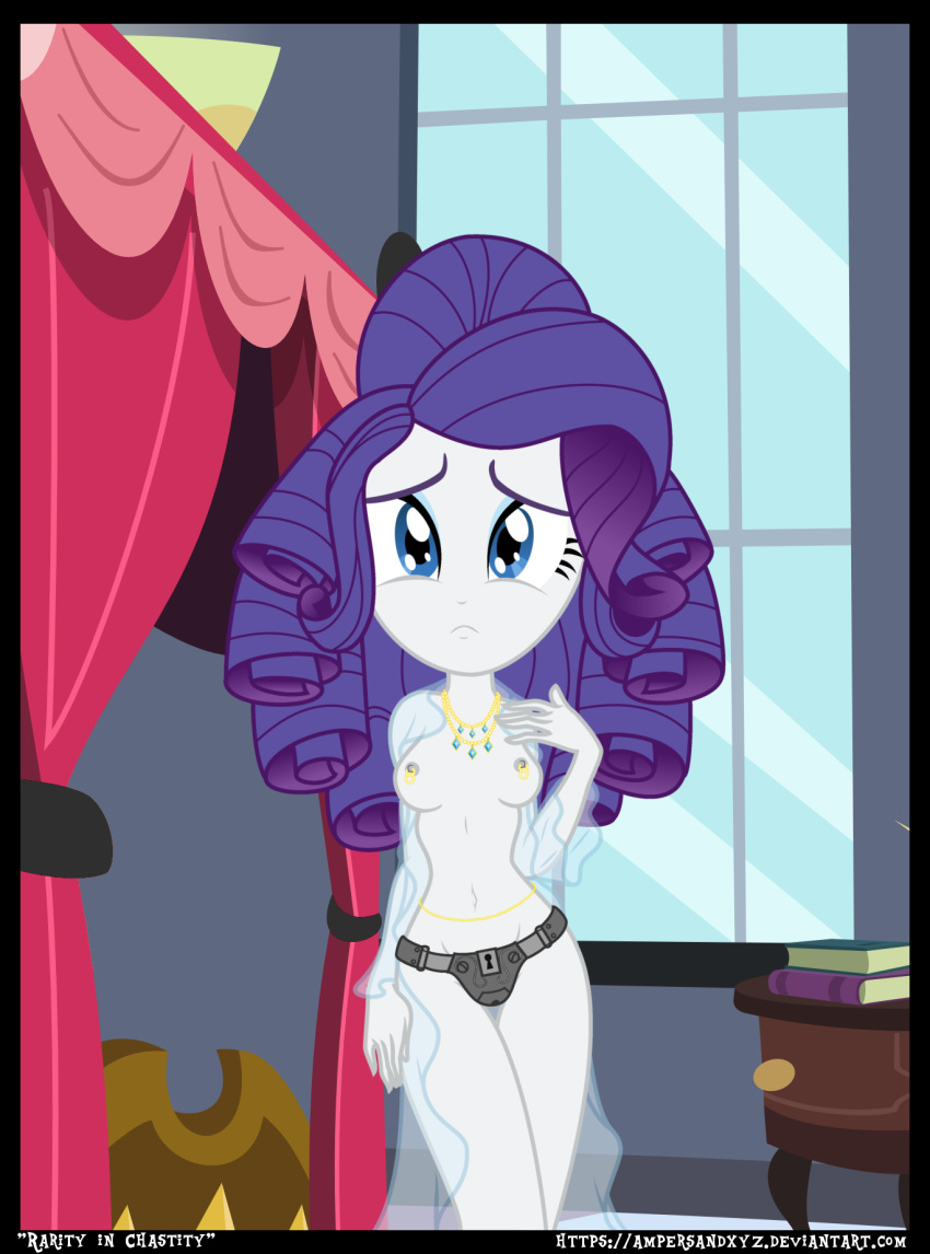 1girl blue_eyes breasts chastity_belt equestria_girls female female_only friendship_is_magic indoors long_hair long_purple_hair looking_at_viewer mostly_nude my_little_pony nipple_piercing no_bra piercing purple_hair rarity rarity_(mlp) solo standing topless