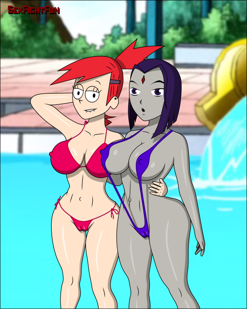 2_girls bikini cameltoe crossover female_only foster's_home_for_imaginary_friends frankie_foster goth goth_girl gothic older older_female pool rachel_roth raven_(dc) red_hair sexfightfun sling_bikini sling_swimsuit swimming_pool swimsuit young_adult yuri