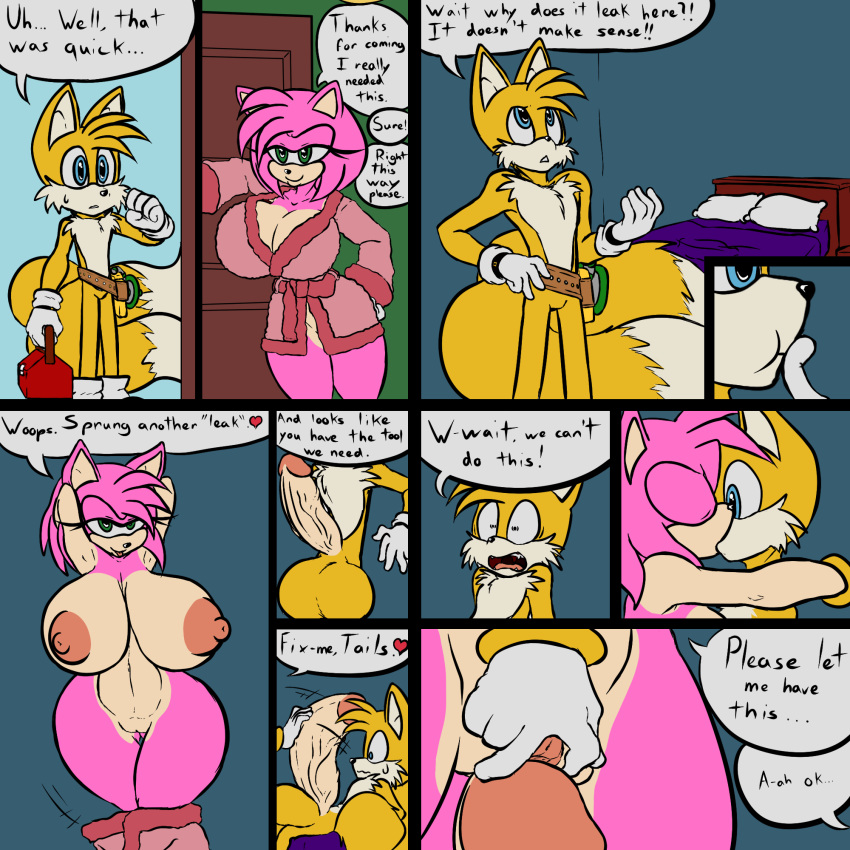 1girl 2017 amy_rose anthro areola armpits big_balls big_breasts big_penis breasts canine cleavage clothed clothing comic dialogue duo english_text erect_nipples erection fox furry hedgehog huge_balls huge_breasts huge_penis imminent_sex kissing littlegraybunny male mammal miles_"tails"_prower navel nipples nude penis pussy sega testicles text