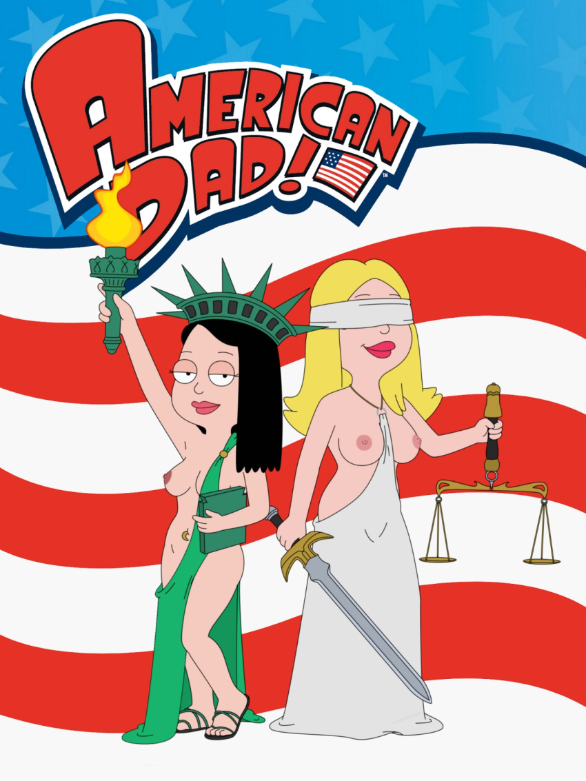 american_dad american_flag blindfold breasts cosplay erect_nipples female_only francine_smith frost969 hayley_smith lady_justice stars_and_stripes statue_of_liberty sword thighs torch united_states_of_america weighing_scale