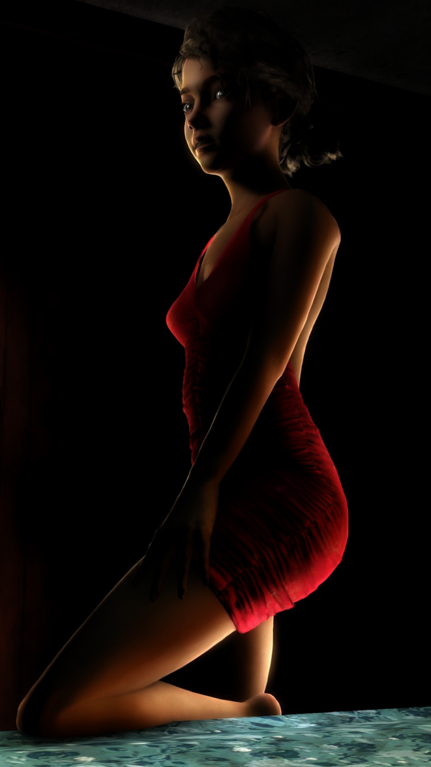 1girl 3d 3d_(artwork) backless_dress bare_shoulders brown_hair clementine_(the_walking_dead) dark-skinned_female dark_skin darkness dress female_focus female_only looking_at_viewer plumtower pose posing red_dress sfm short_hair small_breasts source_filmmaker the_walking_dead the_walking_dead:_the_final_season the_walking_dead_game thick_thighs thighs