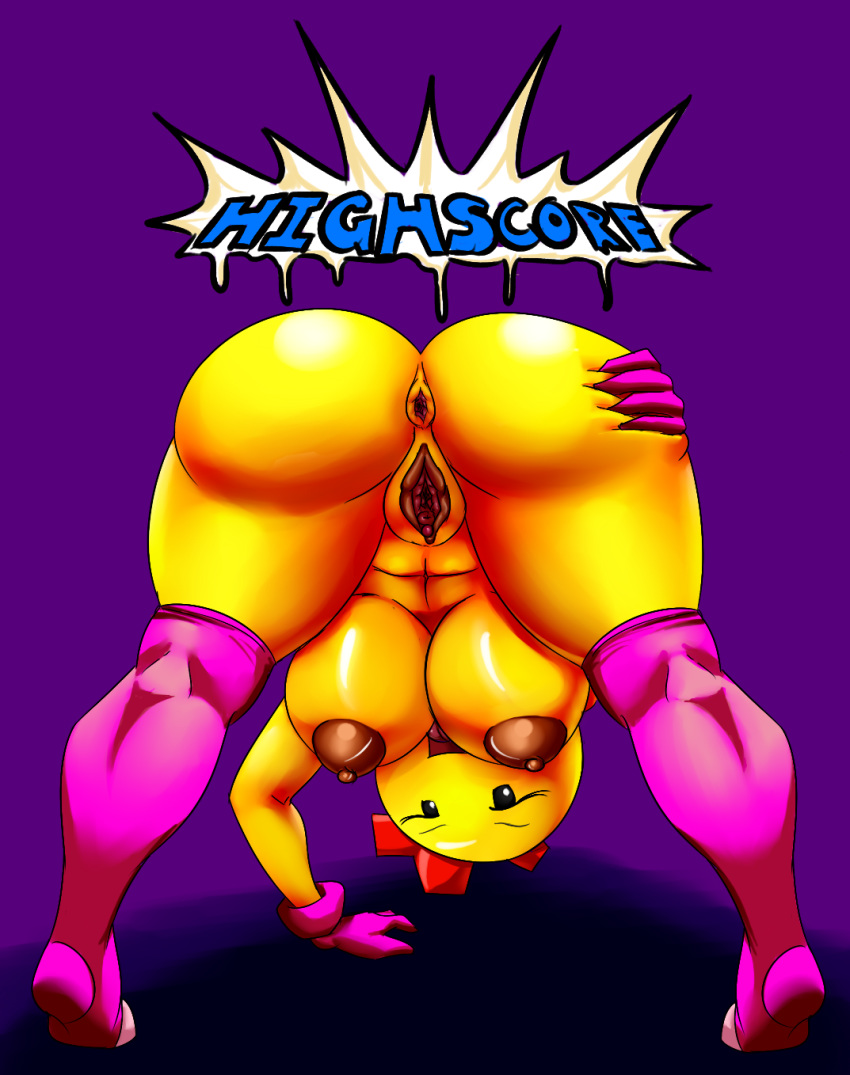 anus areola ass big_ass big_breasts breasts color english_text erect_nipples female looking_at_viewer looking_back ms_pac-man namco navel nipples presenting presenting_hindquarters pussy smile solo text thecon video_games