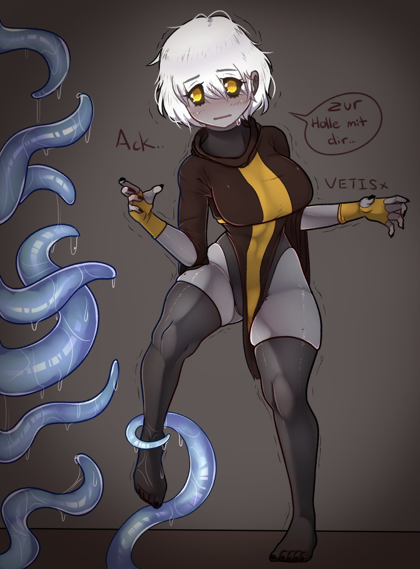 1girl big_breasts breasts leotard nervous plaguemom_margaret revealing_clothes short_hair tentacle vetis white_hair