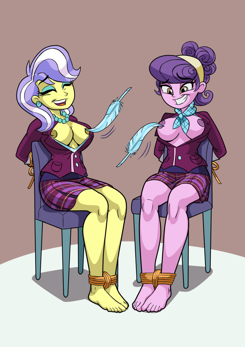 2_girls 2girls barefoot bondage bra breasts chair earrings equestria_girls exposed_breasts feather female female_only friendship_is_magic mostly_clothed my_little_pony necklace school_uniform sitting skirt suri_polomare suri_polomare_(mlp) tickling tied uniform upper_crust_(mlp)