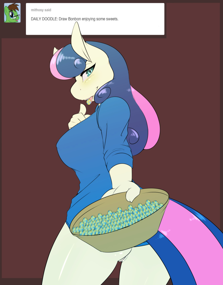 1girl 1girl 2015 anthro anthrofied avante92 blue_eyes blue_hair bonbon_(mlp) bottomless bowl brown_background candy clothed clothing earth_pony equine food friendship_is_magic furry hair high_res holding_object horse long_hair mammal multicolored_hair my_little_pony pink_hair pony pussy simple_background two_tone_hair