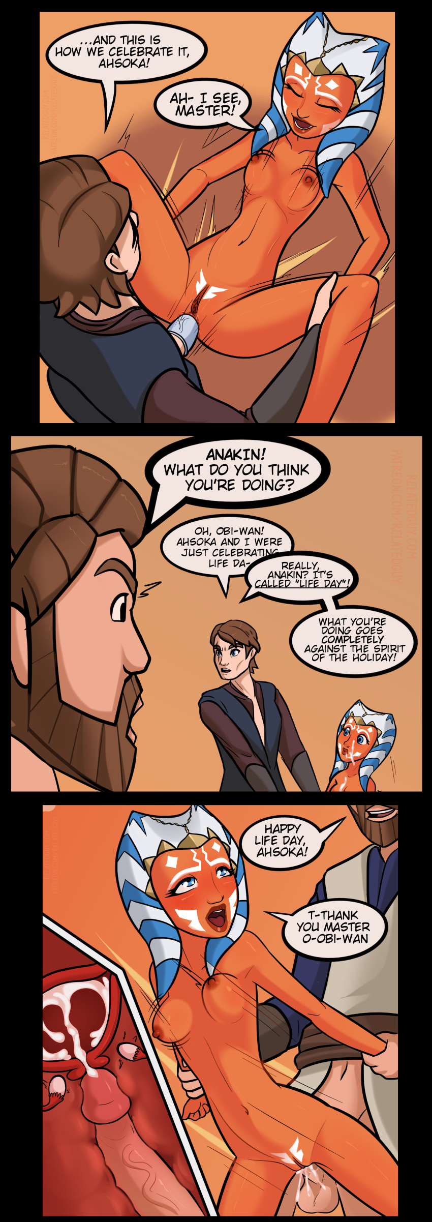 1girl 2boys 2d age_difference ahsoka_tano alien alien_girl alien_humanoid anakin_skywalker anal anal_missionary anal_sex arm_grab arms_behind_back beard big_penis blue_eyes blush bodily_fluids bottomless bottomless_male bouncing_breasts breasts brown_hair caught clone_wars closed_eyes clothed clothed_male clothing comic completely_nude condom cum cum_in_pussy cum_in_uterus cum_inside cum_on_body cum_on_face cumming dialogue ejaculation english_text eyelashes eyes facial_hair facial_mark facial_markings facial_scar fallopian_tubes female female_focus female_penetrated flustered from_above from_behind genitals gullible hair hand_on_leg hand_on_thigh holding holidays horn human human_on_humanoid humanoid impregnation interspecies jedi jedi_knight jedi_master jedi_padawan jiggle leg_grab legs_up life_day light-skinned_male light_skin lipstick long_eyelashes male male_on_top male_penetrating male_penetrating_female markings missionary missionary_position mmf_threesome motion_lines mouth multiple_poses nipples nude nude_female obi-wan_kenobi older_male open_eyes open_mouth orange_background orange_body orange_skin ovaries ovulation panels partially_clothed penetration penile_penetration penis penis_in_pussy penis_out perky_breasts plain_background pubic_tattoo pussy red_lipstick relatedguy robotic_arm rolling_eyes scar scar_across_eye sex sex_education shaved_pussy short_hair side_view slim_waist small_breasts solo_focus speech_bubble spread_legs standing standing_sex star_wars straight student teacher teacher_and_student tentacle tentacle_hair text threesome thrusting thrusting_into_ass togruta trio unprofessional_behavior uterus vaginal_penetration vein veiny_penis watermark white_markings x-ray younger_female