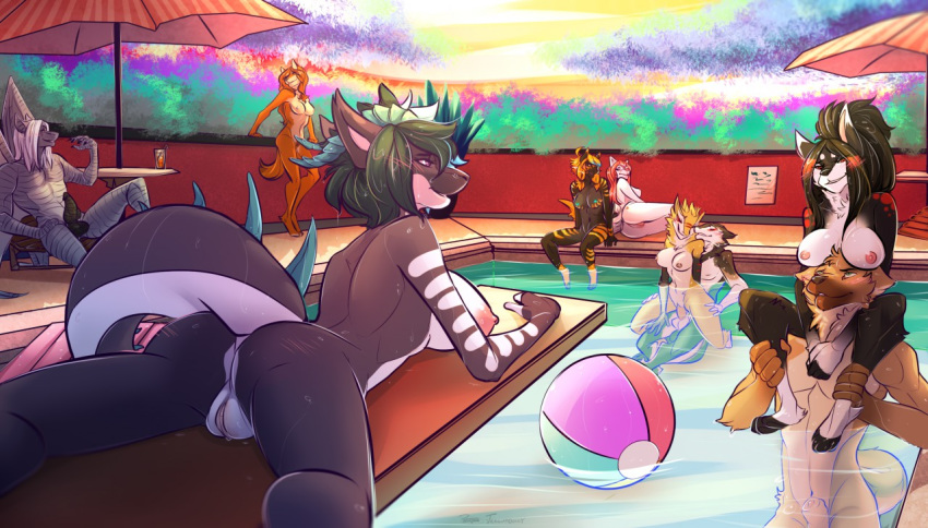 1girl allriane anthro ball beach_ball black_penis breasts canine detailed_background dog dragon furry hair husky linahusky male mammal nude penis piggyback plump_labia poolside presenting public pussy raised_tail red_hair scalie sergal sex tail tanks twoots underwater underwater_sex water