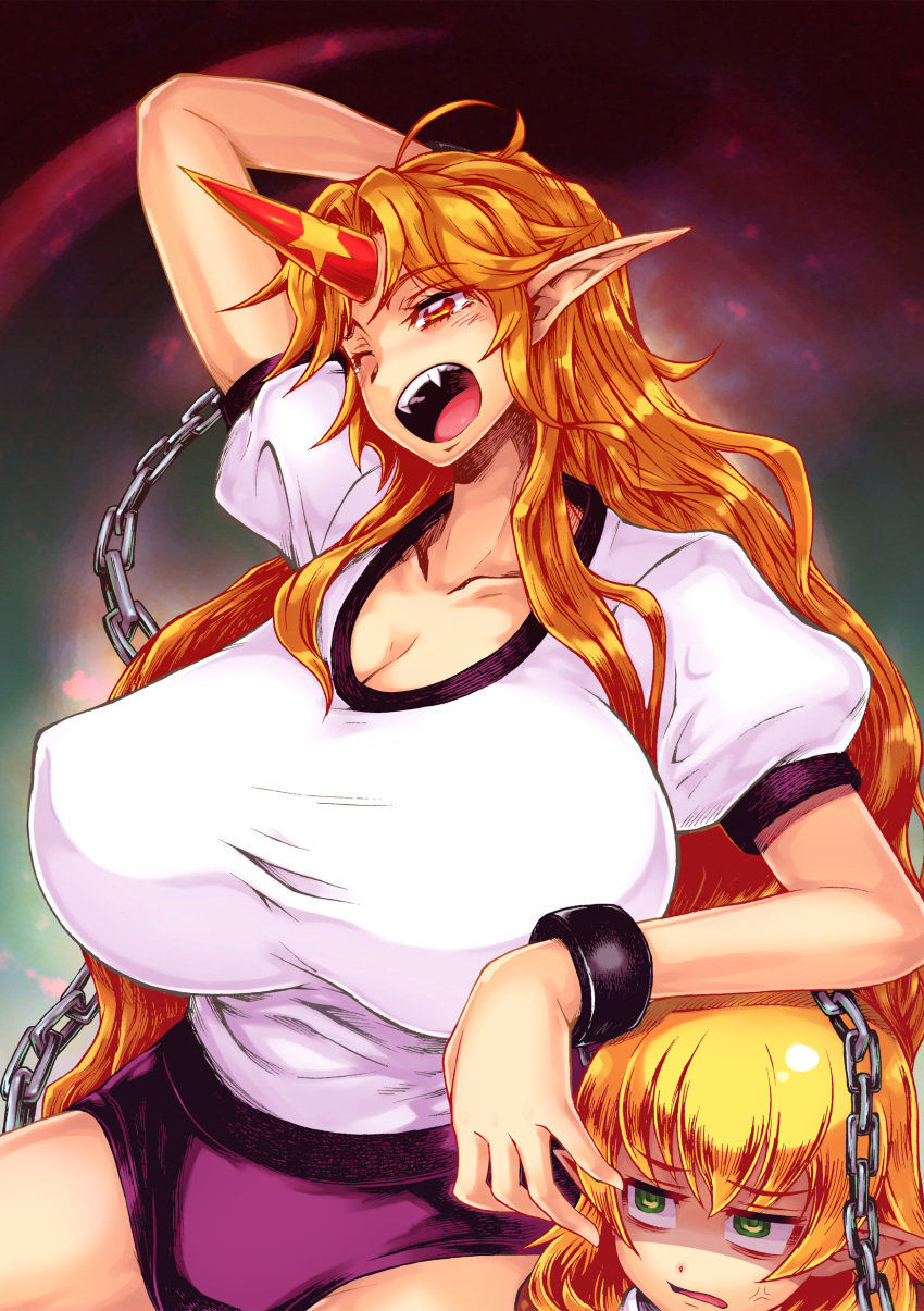 &gt;:( 2girls ;o absurd_res absurdres alternate_costume anger_vein annoyed arm_behind_head blonde_hair bloomers breasts buruma chain chains cleavage cuffs elf fangs female gigantic_breasts green_eyes gym_uniform hair high_res highres horn hoshiguma_yuugi huge_breasts long_hair looking_up messy_hair mizuhashi_parsee multiple_girls one_eye_closed open_mouth orange_eyes pointy_ears puffy_sleeves red_eyes sentarou shaded_face shirt short_hair taut_clothes taut_shirt touhou underwear very_long_hair wink