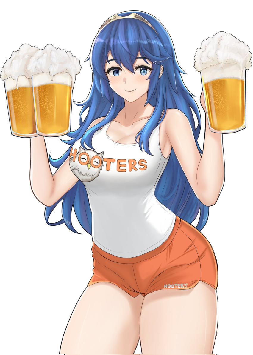 1girl 1girl 1girl alcohol alluring alternate_costume bare_arms beer_mug blue_eyes blue_hair breasts cleavage cup desspie fire_emblem fire_emblem_awakening high_res hooters long_hair looking_at_viewer lucina lucina_(fire_emblem) medium_breasts mug root_beer shorts smile stockings symbol-shaped_pupils tiara waitress