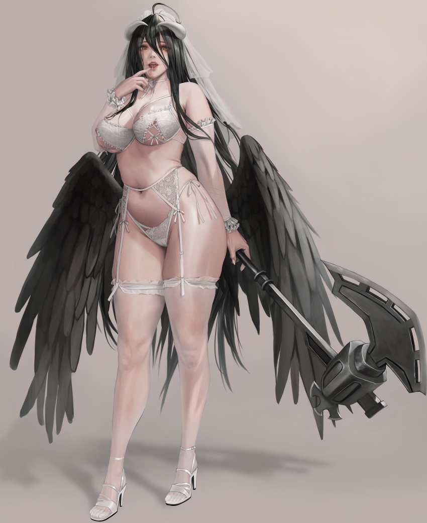 1girl albedo_(overlord) alternate_version_available big_ass big_breasts black_hair black_wings breasts female_only holding_weapon horns janggun lingerie overlord_(maruyama) platform_shoes posing seductive weapon wedding_lingerie wings