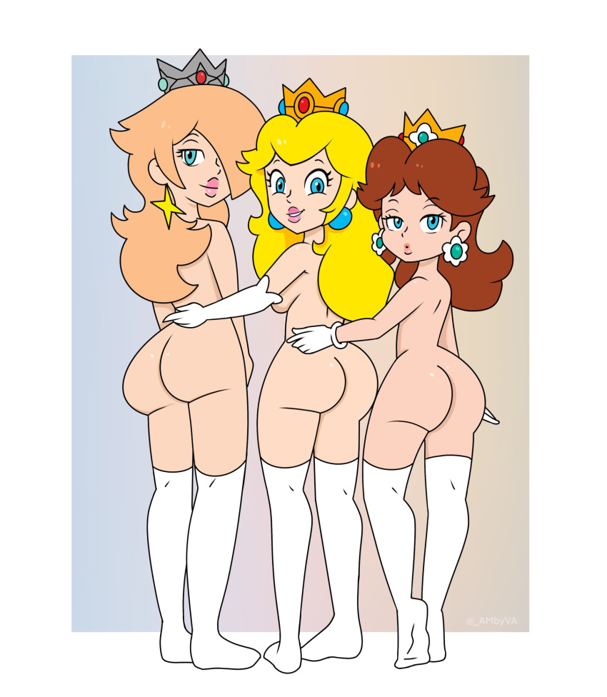 3_girls accurate_art_style ambyva ass ass_focus big_ass big_breasts big_lips blonde_hair blue_eyes breasts brown_hair bubble_butt butt_focus crown cute cute_face ear_piercing earrings female_focus female_only gloves grin huge_ass insanely_hot large_ass legs light-skinned_female light_skin long_gloves looking_at_viewer looking_back mario_(series) mostly_nude mostly_nude_female naked_female naked_thighhighs nintendo nude nude_female partially_clothed platinum_blonde_hair princess princess_daisy princess_peach princess_rosalina rosalina royalty seductive seductive_look seductive_pose seductive_smile sexy sexy_ass sexy_body sexy_breasts sexy_lips sexy_pose smelly_ass smile smile_at_viewer smiling_at_viewer stockings tagme thick thick_ass thighs white_gloves white_legwear white_thighhighs