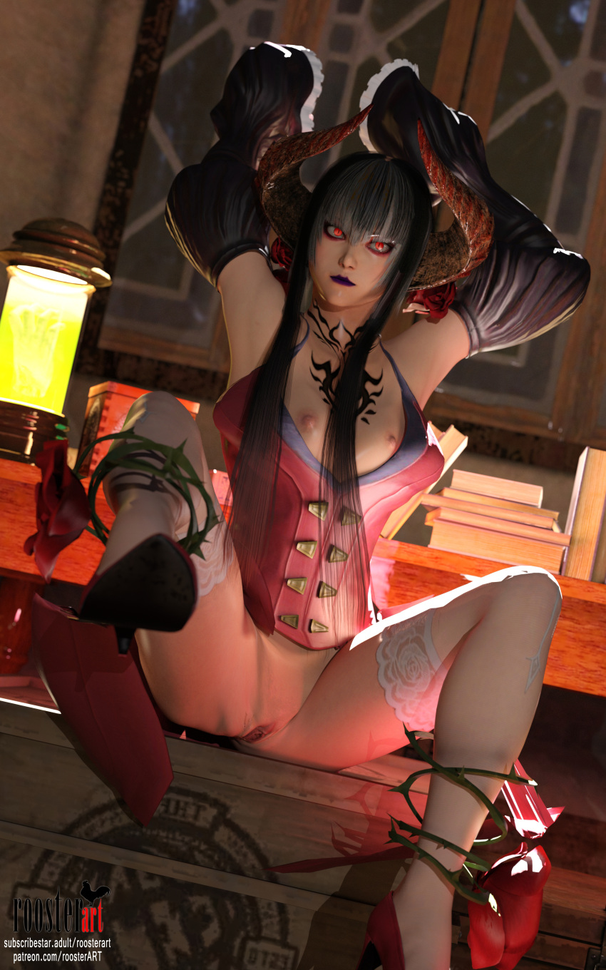 10:16 1girl 3d 3d_(artwork) 4k breasts chest_tattoo closed_mouth dark_hair eliza_(tekken) female_focus female_only hands_up horns indoors legs_open light-skinned light-skinned_female light_skin long_hair namco open_eyes open_legs pantyhose partially_clothed patreon patreon_username pussy red_eyes red_shoes room roosterart rose rose_(flower) shaved_pussy shoes shoes_on small_breasts solo_female solo_focus subscribestar subscribestar_username tekken video_game video_game_character video_game_franchise white_pantyhose