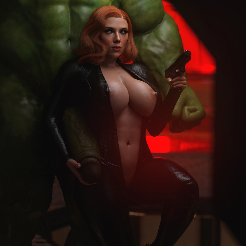 1boy 1girl 3d areola avengers big_breasts black_bodysuit black_widow_(marvel) blue_eyes bodysuit breasts cleavage clothed_female_nude_male female_focus forearm_cock green-skinned_male green_skin gun hourglass_figure huge_balls huge_breasts huge_cock hulk hulk_(series) human imminent_sex larger_male light-skinned_female light_skin male male/female marvel marvel_cinematic_universe muscular muscular_male natasha_romanoff navel navel_piercing nipples noahgraphicz pose posing realistic red_hair scarlett_johansson size_difference smaller_female straight straight_hair tight_clothing unzipped unzipped_bodysuit