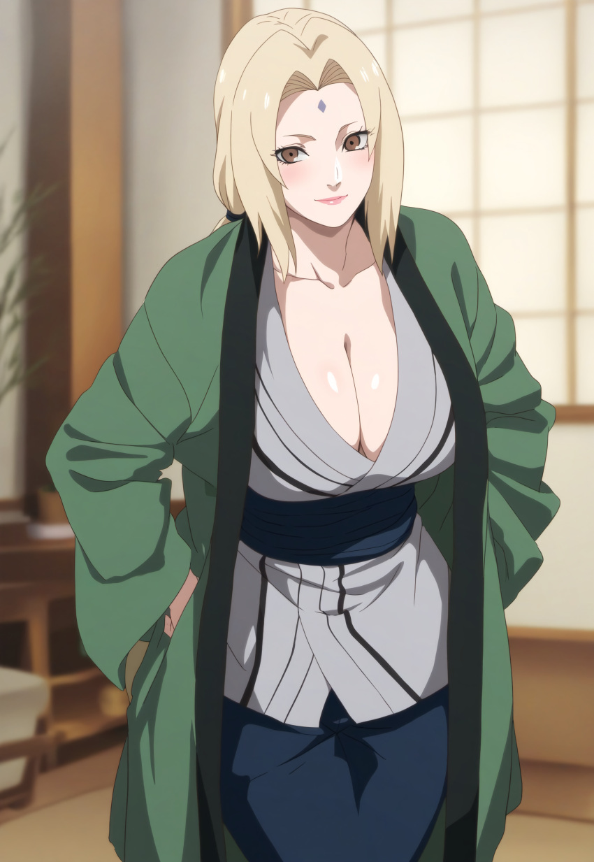 1girl ai_generated big_breasts blonde_hair breasts brown_eyes cleavage clothed female_focus female_only gigantic_breasts high_res long_hair massive_breasts mature mature_female mature_woman nai_diffusion naruto patreon patreon_paid patreon_reward solo_female stable_diffusion tofuro tsunade twin_tails